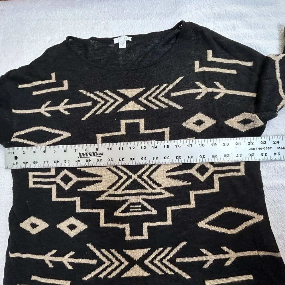 J. Jill Womens Black & Beige Aztec Knit Sweater Large Linen Blend 3/4 Sleeve